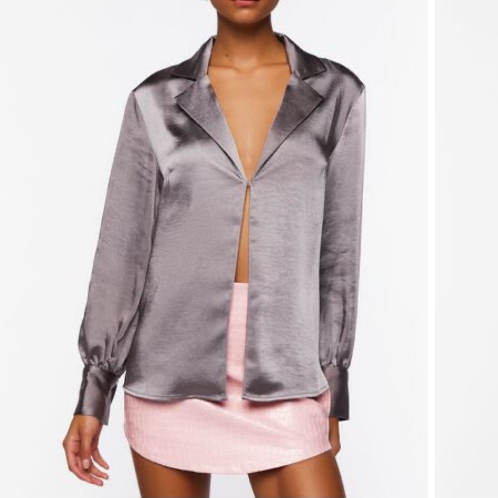Forever 21, Satin Split-Hem Shirt, steeple grey, new but tag removed.  Size M